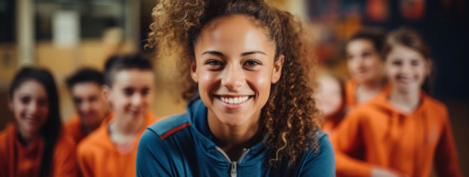 Woman in a track suit with children