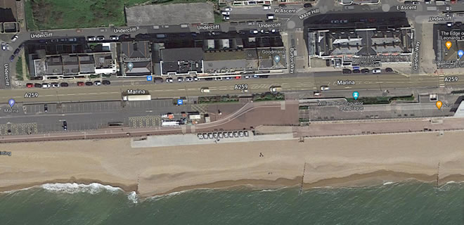 Aerial view of short term beach huts
