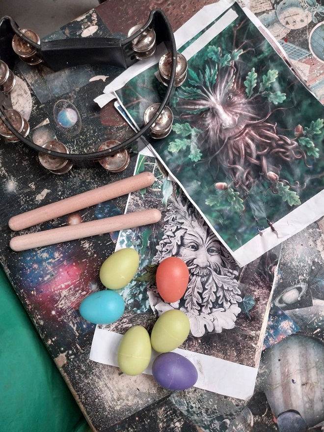 Photographs and tambourine